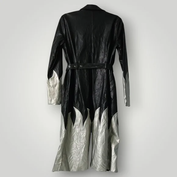The Ragged Priest 6 Black Silver Flame‎ Trench Coat Y2K Alt Festival Rave Goth - Picture 5 of 12